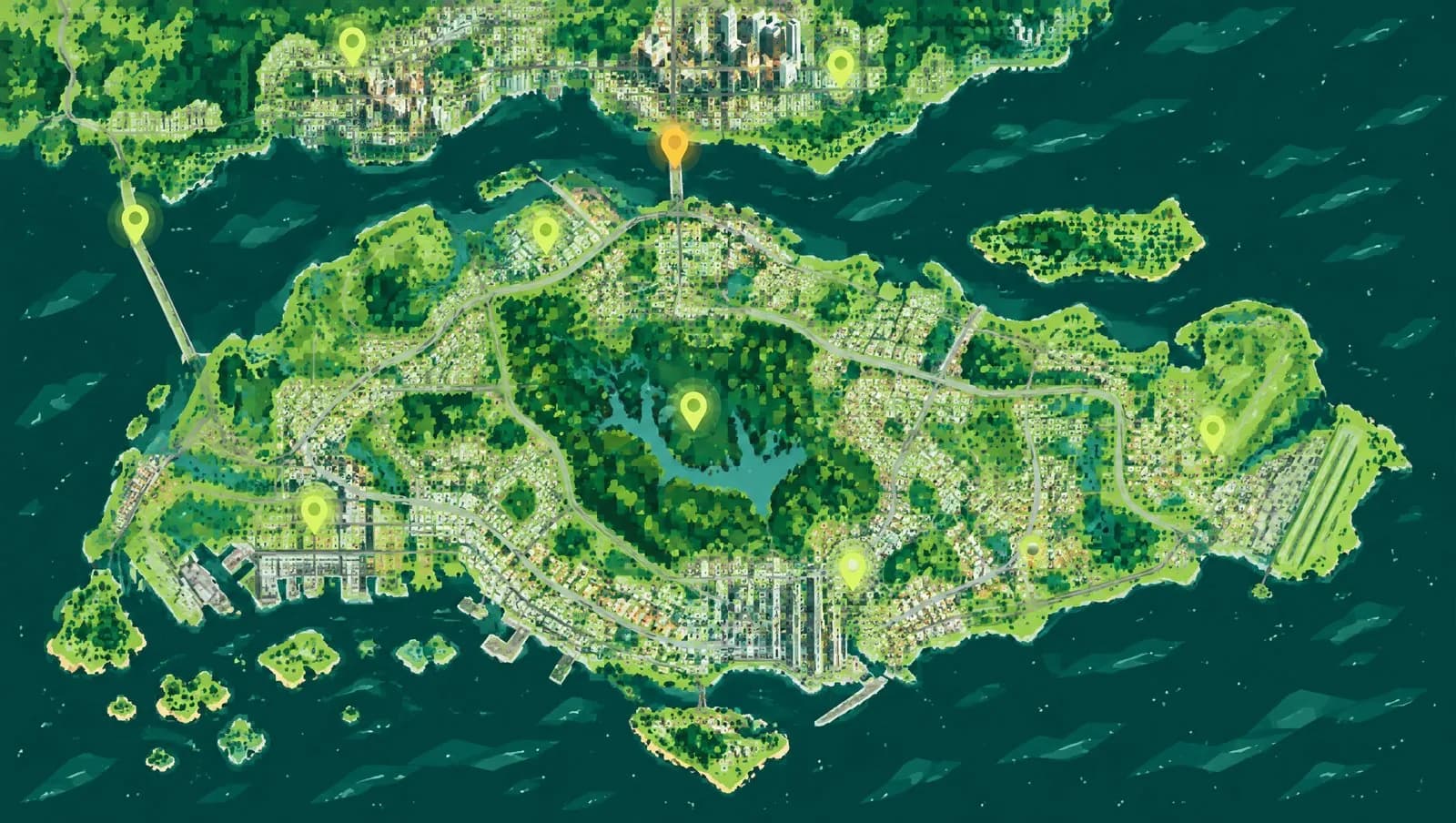 An illustrated map of Singapore and Johor Bahru, joined by the Causeway, with glowing pins.